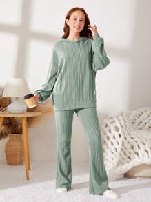 SHEIN Leap Crew 2 件套青少年女孩罗纹针织连帽短款上衣和喇叭裤，休闲装 - 薄荷綠 - 查看 3