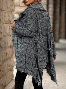 SHEIN Clasi Chaqueta con cuello grande a cuadros, dobladillo asimétrico y cinturón para mujer - Gris - Ver 2