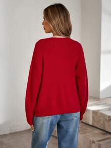 Women's Casual Loose Cardigan With Dropped Shoulders, Long Sleeves, Autumn/Winter - Red - View 2