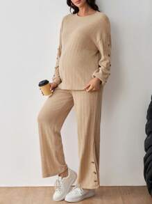 SHEIN Round Neck Button Down Drop Shoulder Top And Adjustable Waist Straight Leg Pants 2-Piece Set For Pregnant Women, For Maternity - Brown - View 5