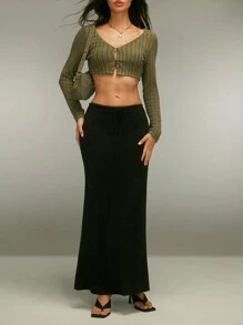 SHEIN Unity 女士绿色V领罗纹亮片边饰开衫毛衣，长袖上衣，适合秋冬季穿着 - 綠色 - 查看 3