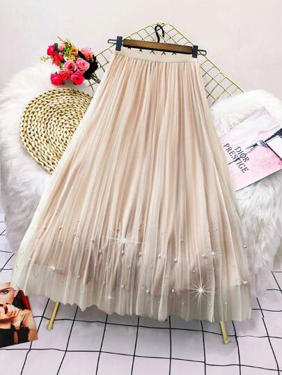 Franclia 加大码女式优雅浪漫纯色松紧腰仿珍珠装饰网眼A字裙长裙女装秋季服装