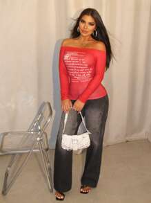 VaVaBold 露肩字母印花长袖T恤 - 紅色 - 查看 3