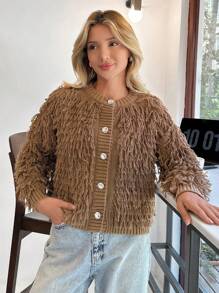EURMUSE Women Fringe Detailed Button Front Elegant And Cool Cardigan - Camel - View 3