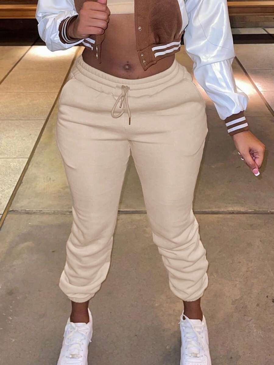 INAWLY Plus Size Solid Color Drawstring Waist Jogger Sweatpants - Apricot - View 1