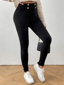 SHEIN Privé 女士黑色高腰修身长款保暖内衬紧身裤 - 黑色 - 查看 5