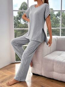 Women Solid Color Round Neck Short Sleeve Casual Top And Pants Loungewear Set Outfit