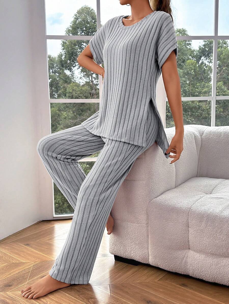 Women Solid Color Round Neck Short Sleeve Casual Top And Pants Loungewear Set Outfit
