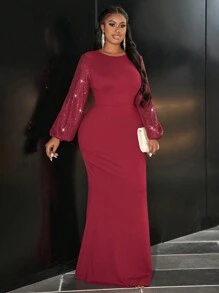 Slaydiva Plus Size Sparkly Banquet Round Neck Waist Fitted Mermaid Dress With Contrast Sequin Sleeves, Red, Fall/Winter