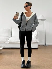 SHEIN EZwear 女式秋冬休闲双面连帽反光细节夹克 - 灰色 - 查看 3