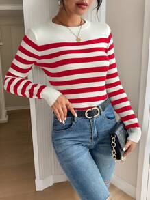 SHEIN Frenchy Women's Round Neck Long Sleeve Striped Minimalist Sweater, Casual Everyday