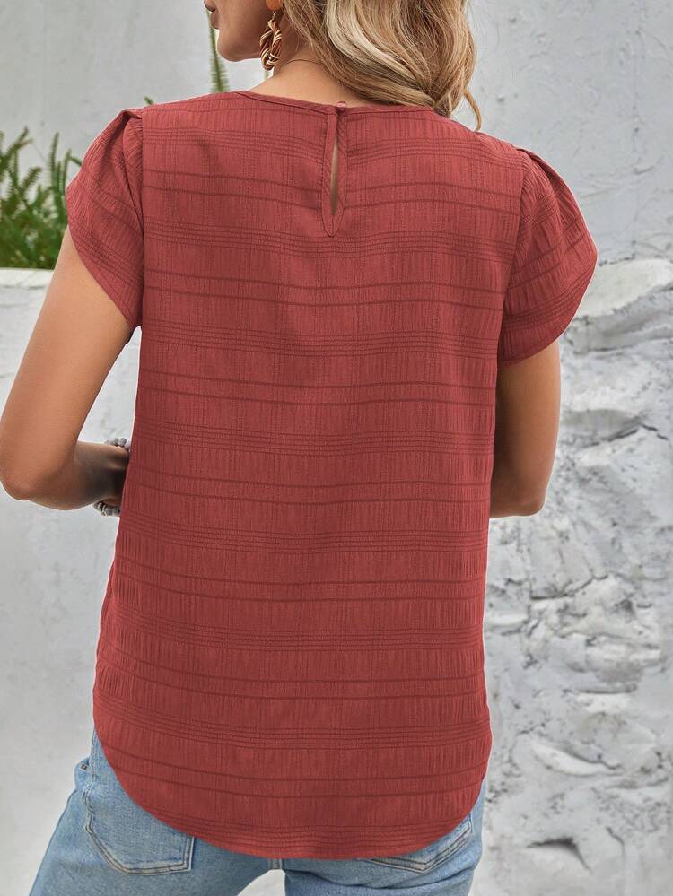 Solid Color Petal Sleeve Back Keyhole Blouse,Short Sleeve Tops