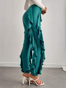 Chiquease Elegant Solid Color Flounced High Sheen Pants