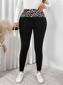 SHEIN LUNE Plus Size Women Leopard Patchwork Fleece Leggings Airport Holiday - Black - View 4