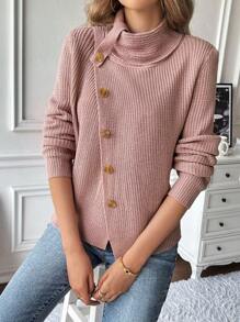 SHEIN LUNE Suéter de manga larga de unicolor, cuello alto y abotonado por delante