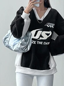 DAZY Women's Color Block V-Neck Letter Print Loose Sweatshirt,Fall Clothes - Black and White - View 3