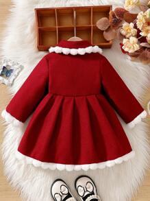 SHEIN Vintaside Kids Jaket Bayi Perempuan dengan Kerah Bulu dan Hiasan Pita, Musim Gugur/Dingin - Burgundy - View 2