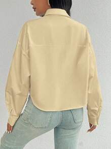 SHEIN 女士宽松纯色落肩长袖口袋休闲衬衫 - 卡其色 - 查看 2