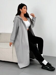 Flirla 大码 2024 春秋女式灰色连帽拉链长款休闲夹克带侧袋 - 灰色 - 查看 4