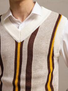 Manfinity Homme 男士 V 领条纹宽松休闲毛衣背心，春秋季 - 杏色 - 查看 7