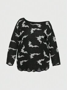 ROMWE Goth 加大码哥特暗黑风万圣节蝙蝠提花不对称领口做旧宽松针织毛衣 - 黑色 - 查看 1