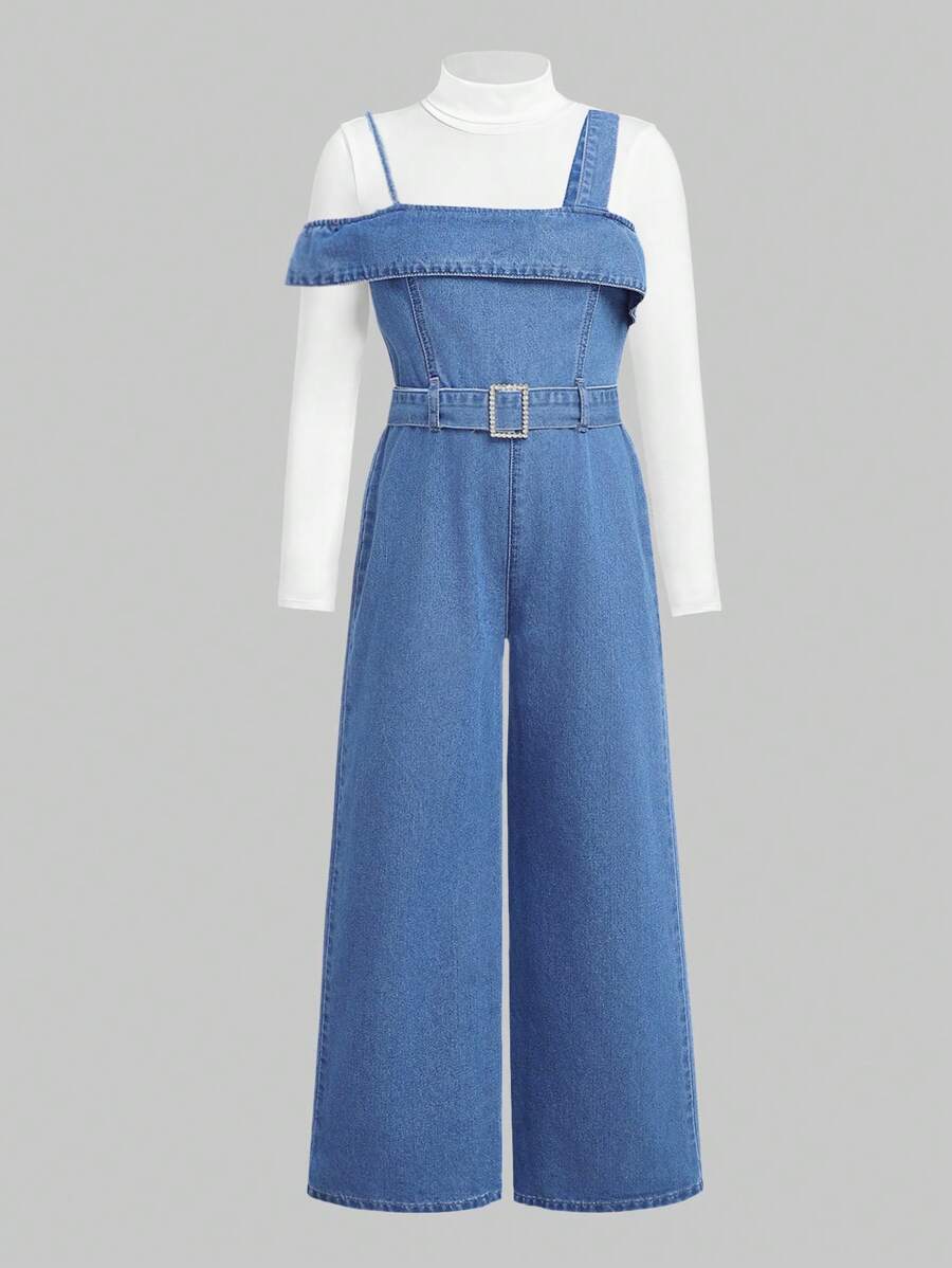 SHEIN Tween Girl Daily Casual Solid Color Strap Rhinestone Belt Denim Jumpsuit Without Tee,Girls Fall Clothes Casual Outfits - Medium Wash - View 1