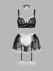 Floral Lace Maid Costume With Choker & 1pair Leg Ring, Lingerie - Black and White - View 6