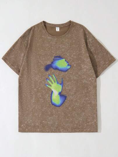 SHEIN Explorewe Teen Boys' Washed Hand Print Crew Neck Short Sleeve Casual T-Shirt, Summer