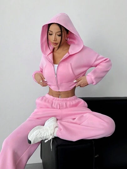 SHEIN EZwear Women's Casual Solid Drop Shoulder Loose Zip-Up Cropped Hoodie And Jogger Sweatpants Set