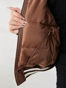 SHEIN Áo khoác đệm ngắn thường ngày màu tương phản cổ đứng có gân màu nâu cho bé gái tuổi teen - màu nâu - Xem 7