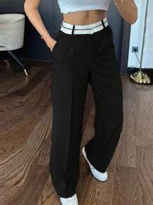EURMUSE Contrast Waist Wide Leg Suit Pants - Black - View 1