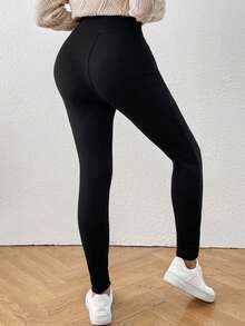 SHEIN Privé 女士黑色高腰修身长款保暖内衬紧身裤 - 黑色 - 查看 6