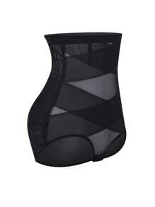 Pantalón moldeador de malla transparente de unicolor, levantador de glúteos - Negro - Ver 4