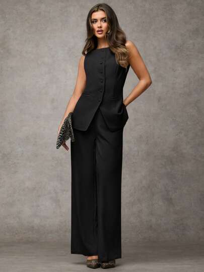 SHEIN BAE 女士纯色圆领单排扣背心和裤子优雅通勤套装，夏季秋季女装女套装办公室装商务休闲女两件套服装秋季女装办公室装女套装女式西装套装