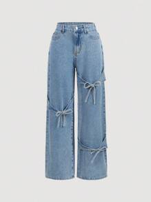 SHEIN MOD Women's Pocket Bowknot Decor Wide Leg Loose Casual Jeans - Blue - View 1