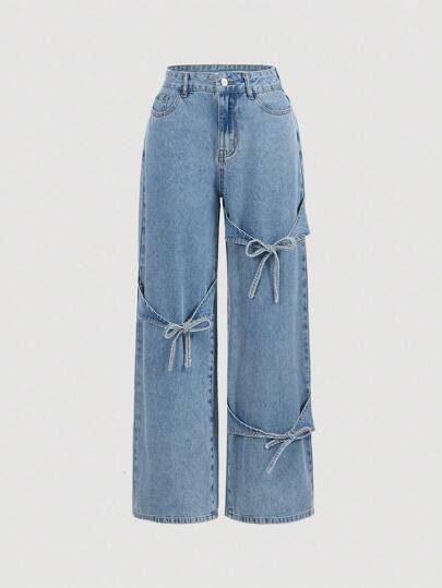 SHEIN MOD Women's Pocket Bowknot Decor Wide Leg Loose Casual Jeans