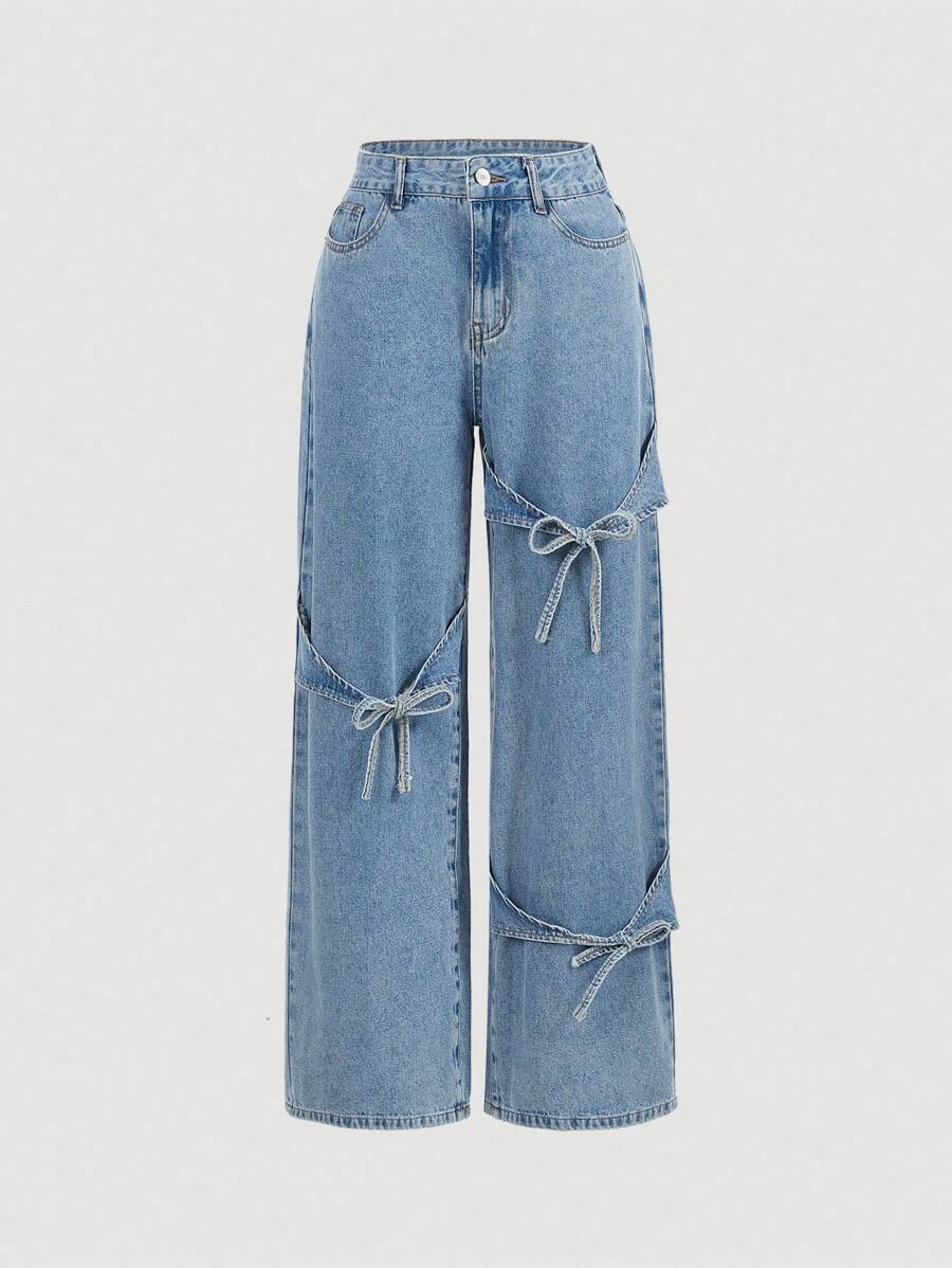SHEIN MOD Women's Pocket Bowknot Decor Wide Leg Loose Casual Jeans - Blue - View 1