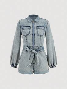 SHEIN MOD Women's Autumn Zip-Up Long Sleeve Denim Romper - Light Wash - View 1