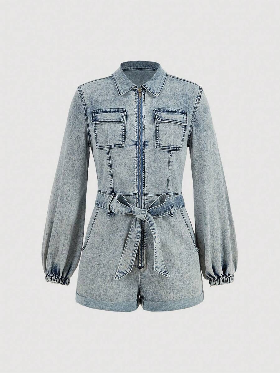 SHEIN MOD Women's Autumn Zip-Up Long Sleeve Denim Romper - Light Wash - View 1