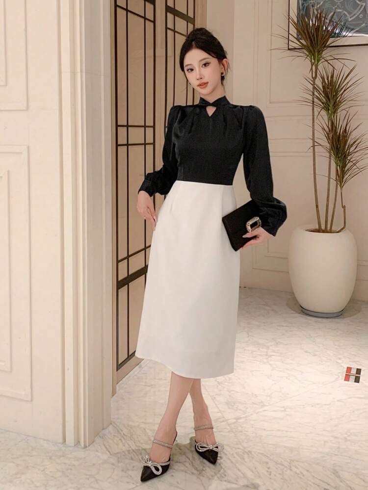 Women Color Block Casual Keyhole Neck Long Sleeve Dress, Birthday Prom Dress,Fall Dress Elegant Women Dresses