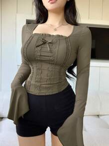 DAZY 女士长袖T恤，蕾丝拼接设计，秋季女装可爱上衣 - 綠色 - 查看 2