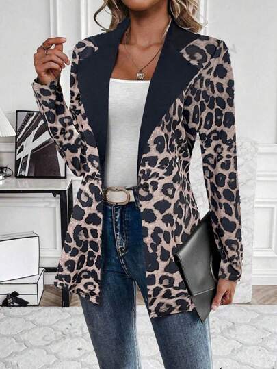 SHEIN Clasi Traje de negocios de leopardo de talla grande con parches, adecuado para uso diario