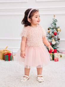 SHEIN 2pcs Baby Girl Cute Pink Fringe Short Sleeve Top And Tulle Skirt Set, Autumn/Winter
