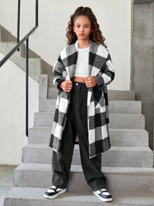 Tween Girl Black And White Check Buffalo Plaid Print Waterfall Collar Long Overcoat,Suitable For Travel, School, Daily Gatherings, Autumn And Winter - Black and White - View 5