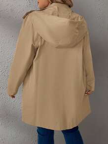 SHEIN LUNE Plus Size Women's Solid Color Long Sleeve Drawstring Hooded Loose Casual Jacket, Spring And Autumn - Khaki - View 2