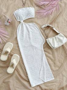 Soleia 女士度假露肩連衣裙，腰部切割和高開叉設計 - 白色 - 查看 4