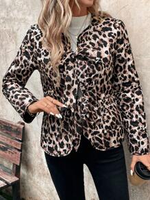 SHEIN LUNE Veste décontractée matelassée à nœud avant imprimé léopard pour femmes, élégante pour le travail et la rue, chaude pour l'automne et l'hiver - Multicolore - Voir 6