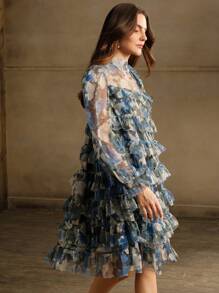 Anewsta Women's Autumn Tie-Neck Ruffled Layered Elegant Cake Midi Dress - Blue - View 3