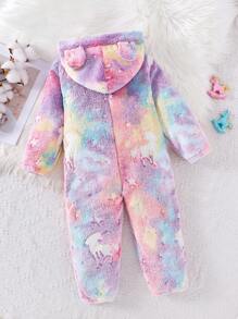 SHEIN Mono térmico forrado de manga larga con capucha y orejas, con detalles brillantes en la oscuridad y con estampado de unicornio colorido para niña pequeña - Rosa - Ver 2