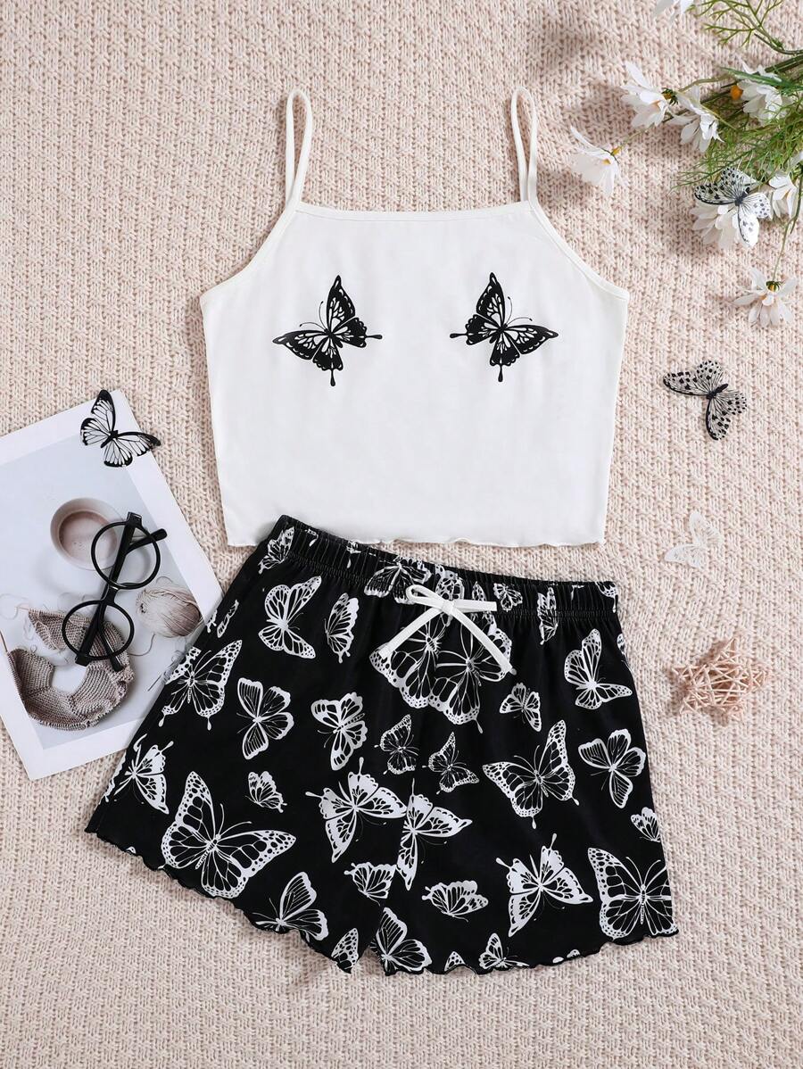 SHEIN 2pcs Teen Girls' Minimalist Butterfly Print Camisole And Shorts Casual Loungewear Pajama Set - Black and White - View 1